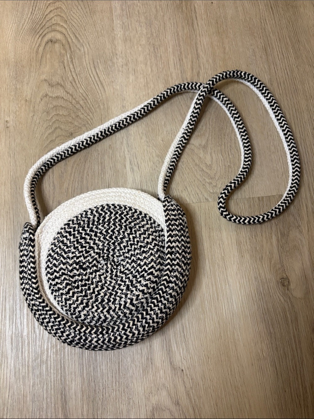 America & Beyond Boho Round Cotton Rope Crossbody Bag Black White festival